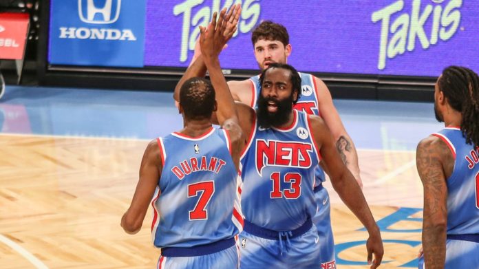 A picture of NBA Superstars and Nets' teammates James Harden and Kevin Durant