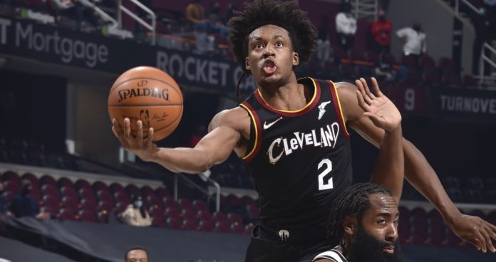 Collin Sexton having his way shooting a layup over James Harden