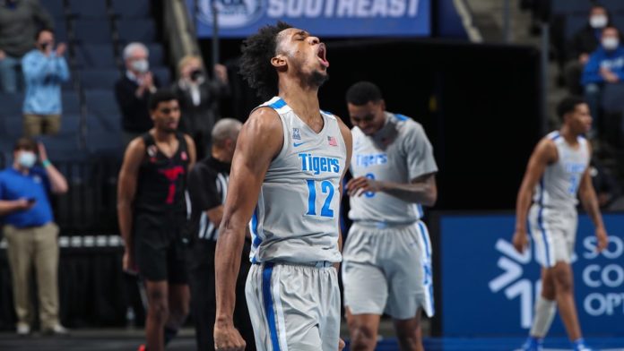 A Memphis Tigers player celebrating