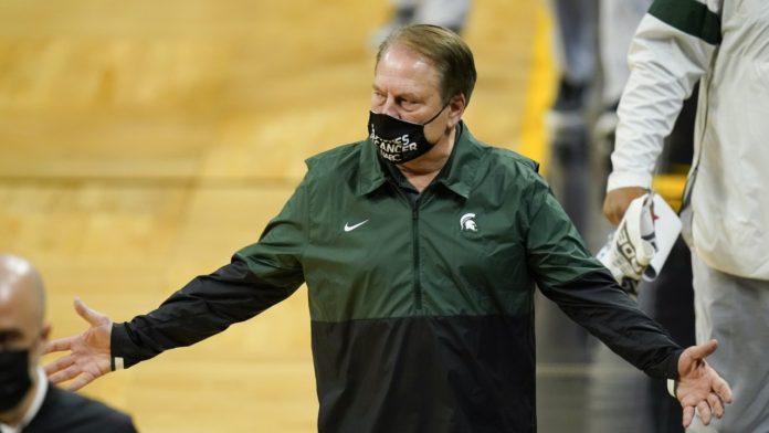 Michigan State basketball coach Tom Izzo on the court.