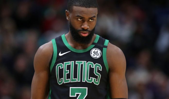 A focused Jaylen Brown on the court for the Celtics.