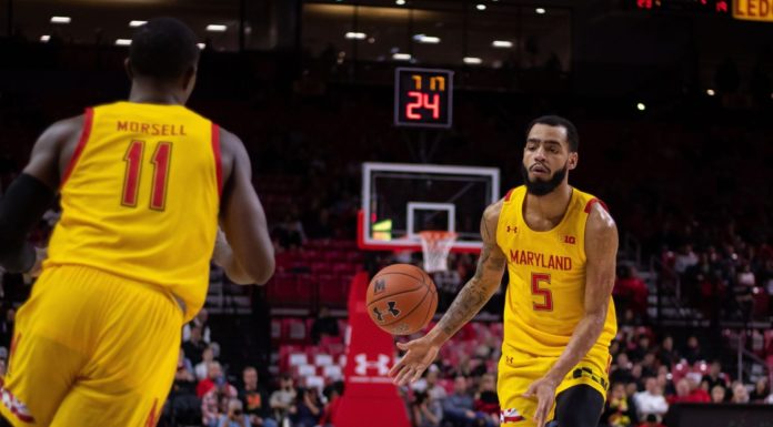 Maryland basketball players passing the ball.