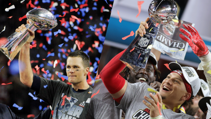 An image of Tom Brady and Patrick Mahomes hoisting up the Lombardi Trophy.