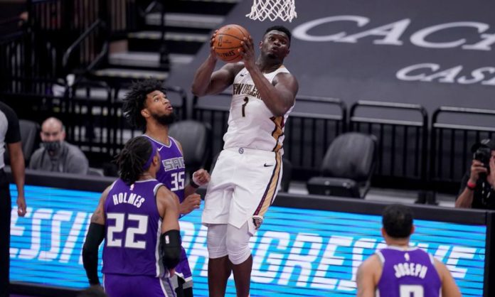 Jan 17, 2021; Sacramento, California, USA; New Orleans Pelicans forward Zion Williamson (1) makes a shot after being fouled against the Sacramento Kings in the fourth quarter at the Golden 1 Center. Mandatory Credit: Cary Edmondson-USA TODAY Sports