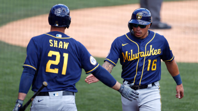 Milwaukee Brewers players celebrating after a homerun.