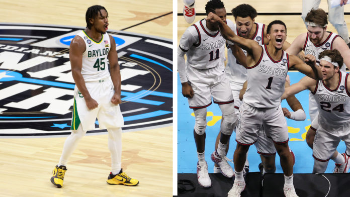 INDIANAPOLIS, INDIANA - APRIL 03: Jalen Suggs #1 of the Gonzaga Bulldogs celebrates after making the game-winning, last-second, three-point shot in overtime against the UCLA Bruins in the Final Four semifinal game of the 2021 NCAA Men's Basketball Tournament at Lucas Oil Stadium on April 03, 2021 in Indianapolis, Indiana. (Photo by Trevor Brown Jr/NCAA Photos via Getty Images)