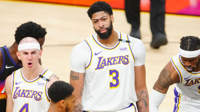 Anthony Davis, the Lakers' center, looking frustrated in game one against the Suns.