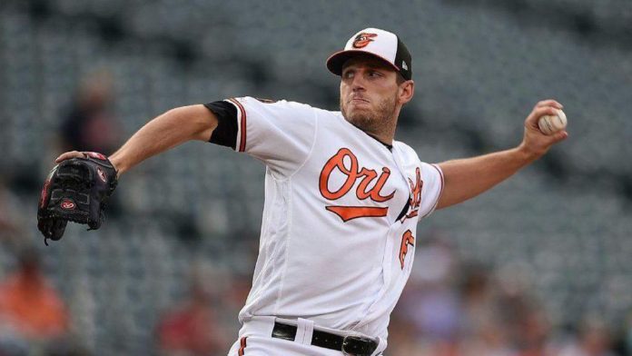 John Means at the mound for the Baltimore Orioles, winding back for a pitch.