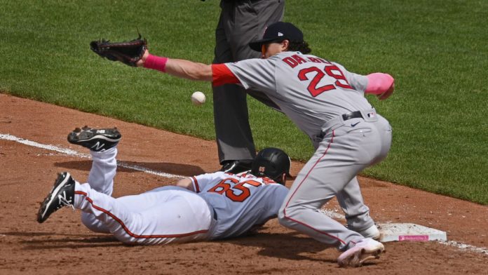 The Red Sox and Orioles battling on first base after a hit.