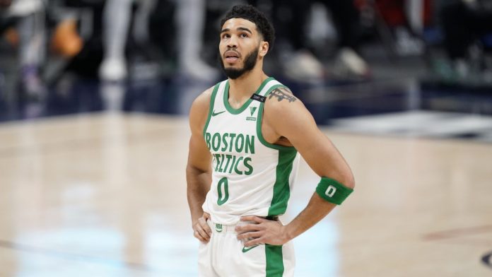 Jayson Tatum, flustered and tired after another hard-fought game for the Celtics.