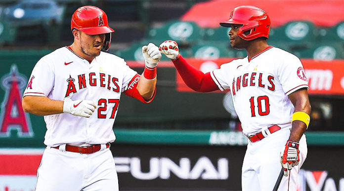 Angels' Mike Trout celebrating after slamming a homer.