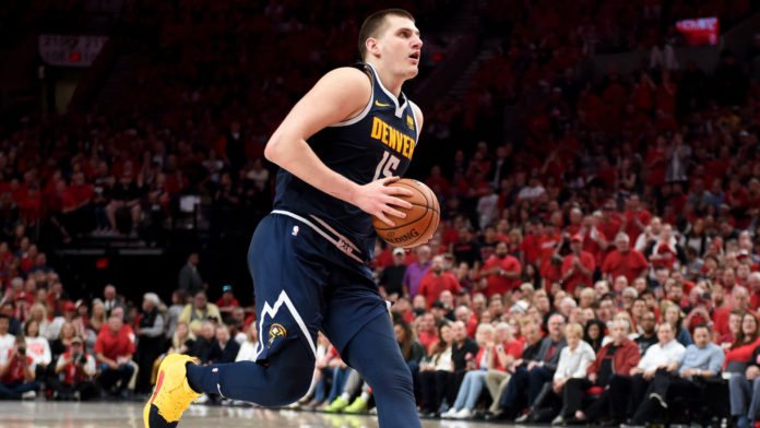 The Nuggets Nikola Jokic, front-runner for NBA MVP, going up for a layup.