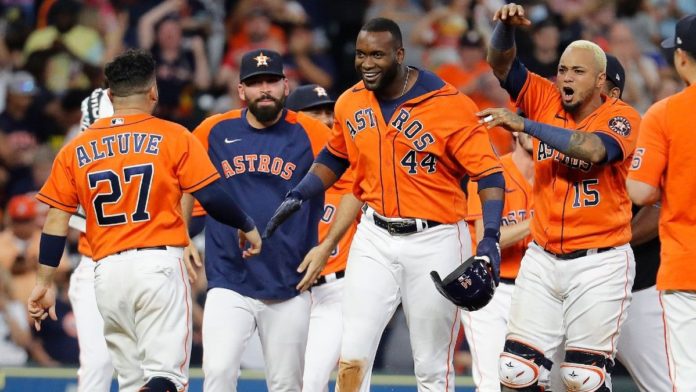 Astros players celebrating after a big homerun.