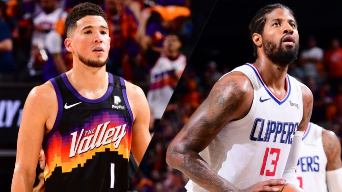 Suns' star Devin Booker beside Clippers' star Paul George.
