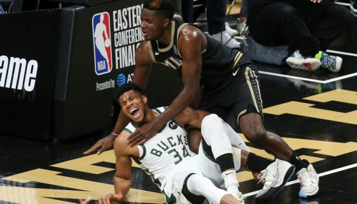 Giannis goes down in game four of the Eastern Conference NBA Finals.