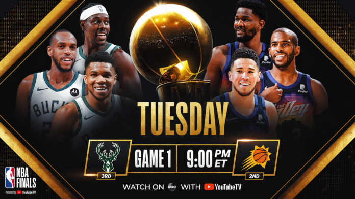 NBA Finals poster picture for game one, with the stars from the Suns and Bucks on the cover.