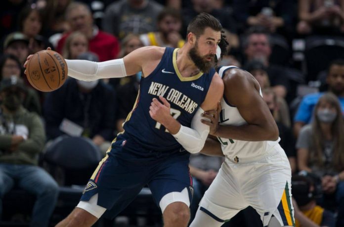 New Pelicans Center Jonas Valanciunas, posting up for a shot.