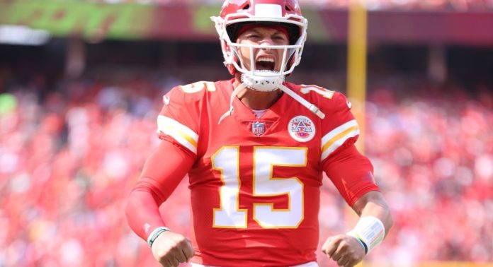 KANSAS CITY, MISSOURI - SEPTEMBER 12: Patrick Mahomes #15 of the Kansas City Chiefs reacts prior to the game against the Cleveland Browns at Arrowhead Stadium on September 12, 2021 in Kansas City, Missouri. (Photo by Jamie Squire/Getty Images)