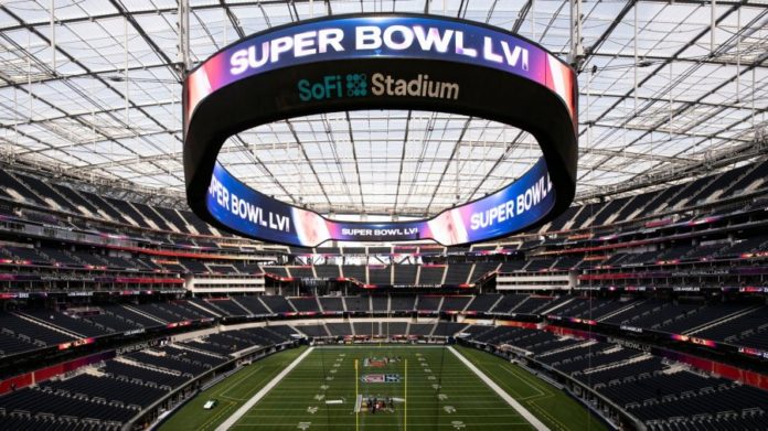 Super Bowl stage set, pictured here at Sofi Stadium.
