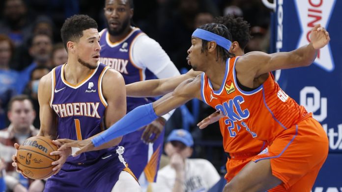 Devin Booker, performing and posting up against the OKC Thunder.