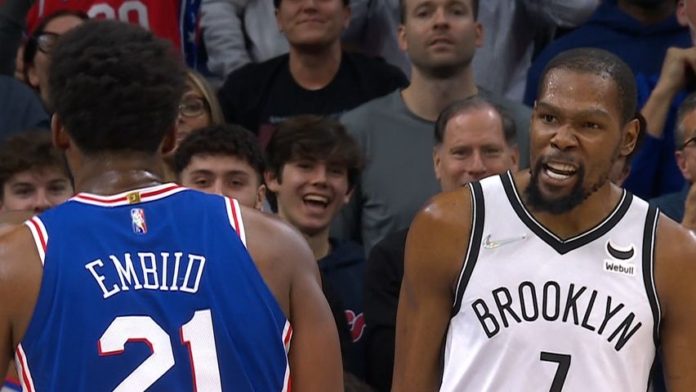 Kevin Durant and Joel Embiid, getting chippy on the court.