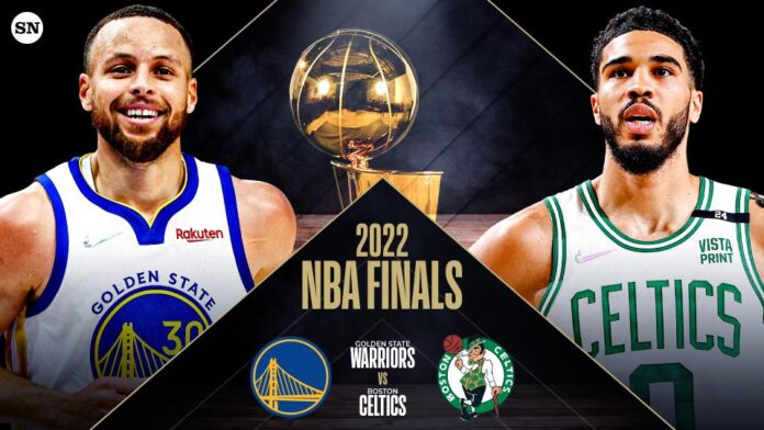 NBA Finals poster, showing Jason Tatum and Steph Curry.